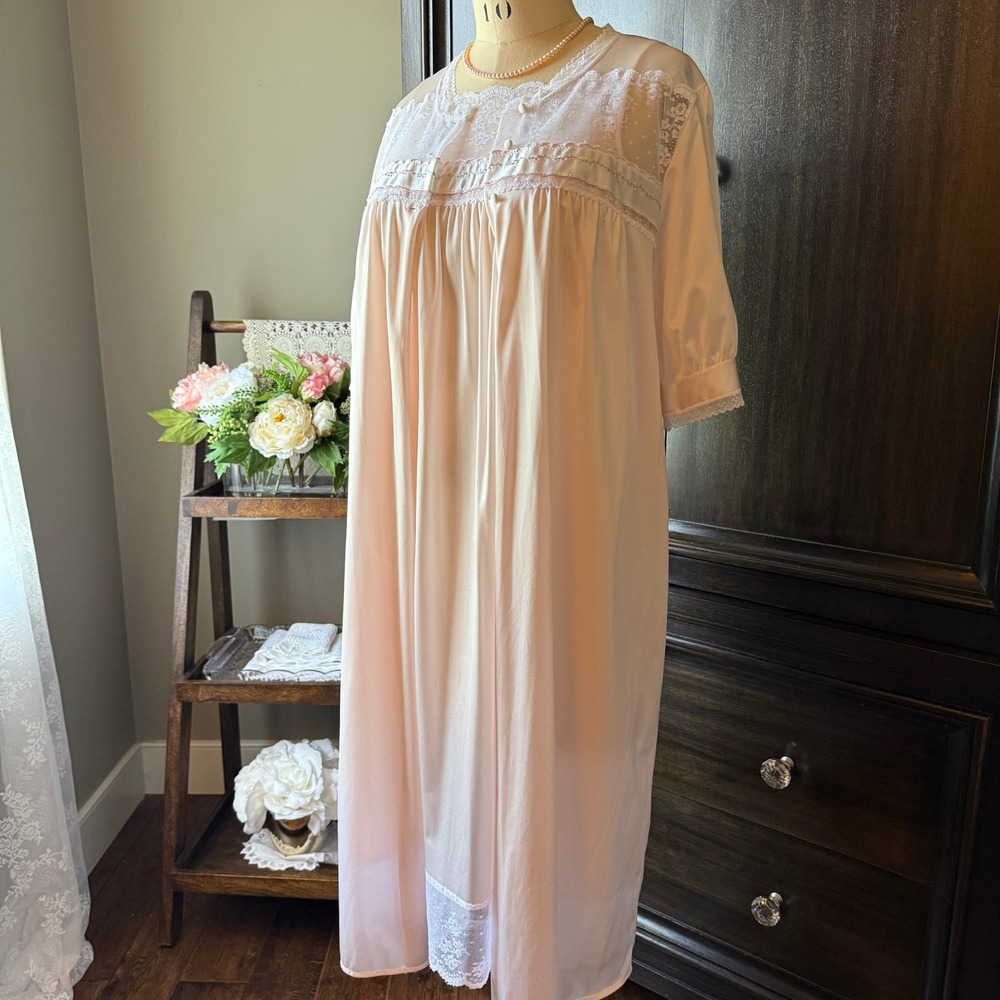 Vintage Nightgown Peignoir Set Lace Nylon Pink Large Coquette 80s FRENCH MAID
